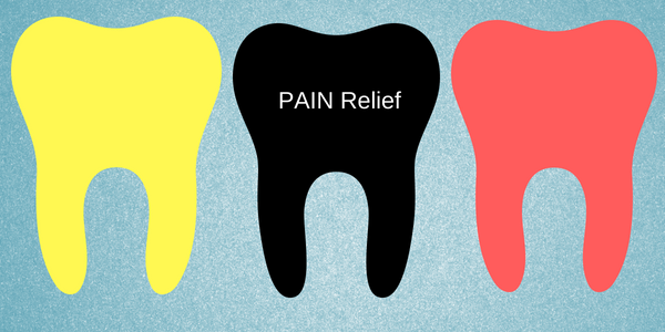 a picure of 3 individual teeth. One yellow, on red and the centre on is black with the caption "pain"